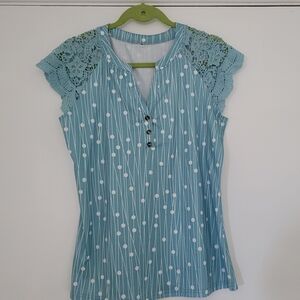 Women's Light Blue Dot-Stripe Crochet Sleeve Top
